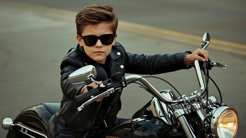 黒いサングラスに黒い革ジャンを着てバイクにまたがる10歳の男の子