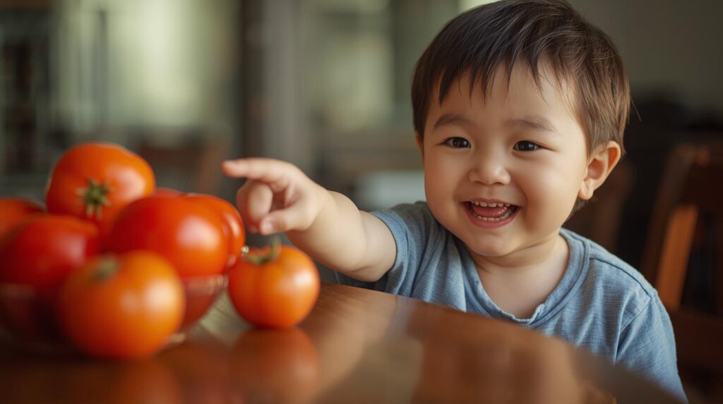食卓に並んだトマトを指さす3歳の男の子